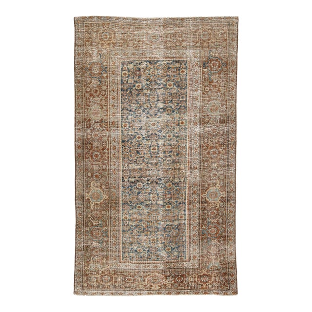 Antique Mahal Wool Rug With Faded Indigo Field & Terracotta Sampler Border For Sale