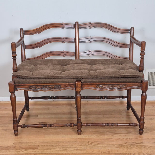 Mid 20th Century French Country Petite Walnut Ladder Back Settee Bench W/ Brown Faux Suede Cushions For Sale - Image 4 of 12
