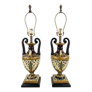 Late 20th Century Hollywood Regency Leopard & Tropical Porcelain Urn Table Lamps - a Pair For Sale