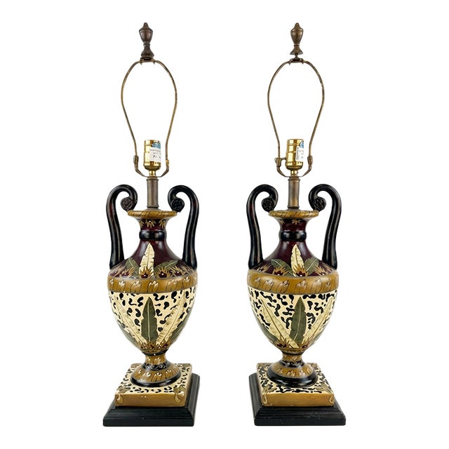Late 20th Century Hollywood Regency Leopard & Tropical Porcelain Urn Table Lamps - a Pair For Sale