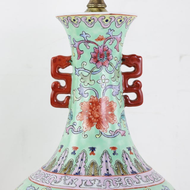 Turquoise Vintage Chinese Famille Rose Lime Green Porcelain Vase Lamp With Lotus and Peony Scrollwork For Sale - Image 8 of 16