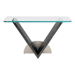 Late 20th Century V Shape Marble Base Thick Glass Top Modern Custom Design Console Table For Sale