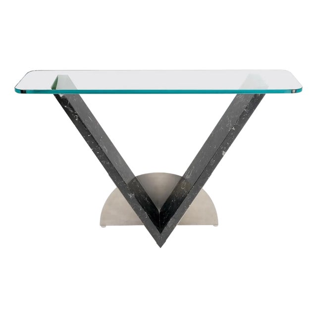 Late 20th Century V Shape Marble Base Thick Glass Top Modern Custom Design Console Table For Sale