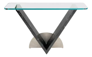 Late 20th Century V Shape Marble Base Thick Glass Top Modern Custom Design Console Table