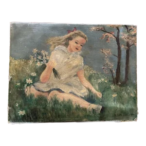 Antique 1940’s Oil Painting of a Girl Picking Daisies