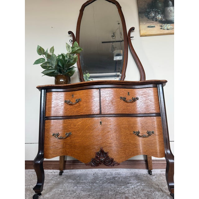 Chocolate Restored Antique Serpentine Two-Tone Tiger Oak Vanity With Biomorphic Mirror For Sale - Image 8 of 10