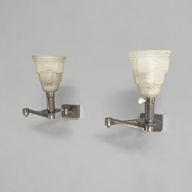 Italian Art Deco Wall Lamps in Metal and White Glass, 1940s, Set of 2 For Sale - Image 11 of 11
