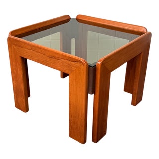 Vintage Italian Coffee Table in Wood and Smoked Glass Top, 1970s For Sale