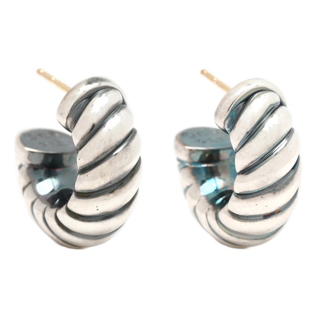 David Yurman Sculpted Cable Hoop Earrings, Sterling Silver, 14k Yellow Gold, Pair For Sale
