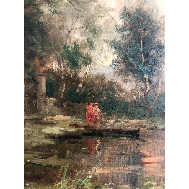 Ziveri, Couple en balade au bord de l'étang avec chien et cygnes, Oil on Canvas, Framed For Sale - Image 6 of 12