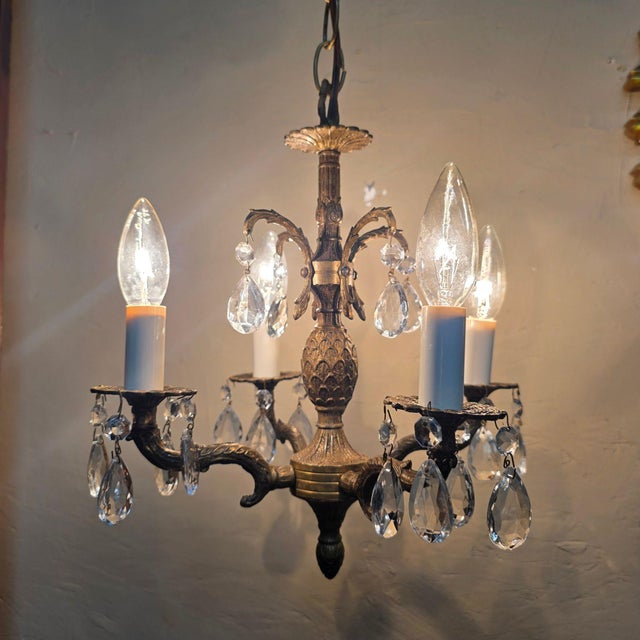 Brass 1960s Brass Pineapple Crystal Four-Light Chandelier For Sale - Image 8 of 17