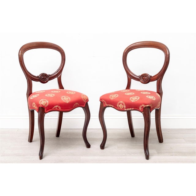 Wood Pair Early 20th C Walnut Balloon Back Side Chairs With Red Upholstery For Sale - Image 7 of 7