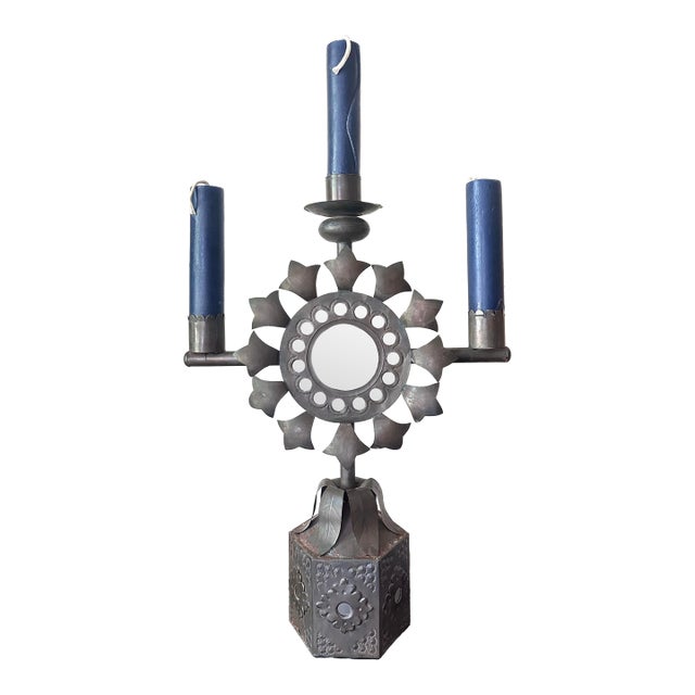 Mid-Century Mexican Tin Candelabra With Sunburst Mirror & Embossed Details For Sale