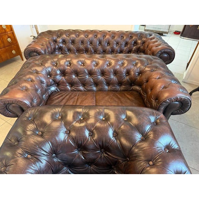 Chesterfield Sofas and Club Chair in Leather, Set of 3 For Sale - Image 3 of 18