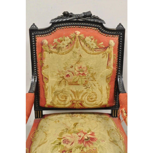 Traditional Antique French Empire Black Ebonized Walnut Needlepoint Parlor Arm Chair For Sale - Image 3 of 12