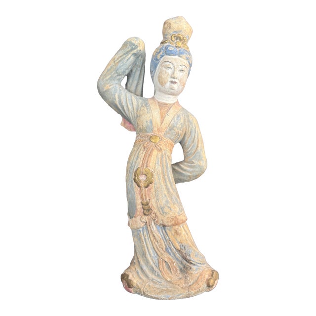 Expressive Carved Chinese Court Lady Figure, Polychrome Dancing Form, Early 20th Century For Sale