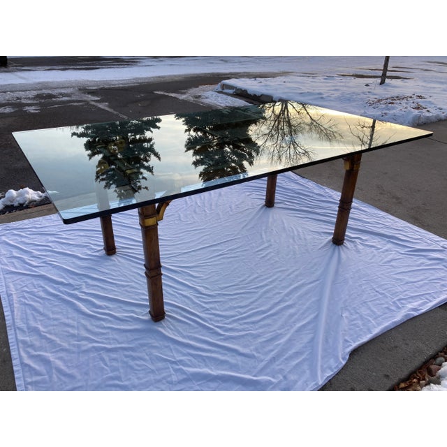 Mid 20th Century Asian Influenced Glass Dining Table in Faux Bamboo Having Bronze Fretwork For Sale - Image 5 of 12