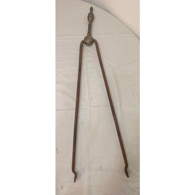 Brass Antique 18th Century Wrought Iron Turned Brass English Fireplace Tongs Tool 5 For Sale - Image 8 of 10
