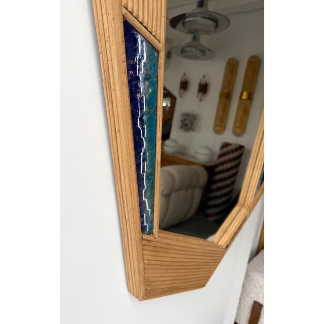 Wood Contemporary Asymmetrical Mirror Rattan Marquetry and Enamel Metal. Italy For Sale - Image 7 of 12