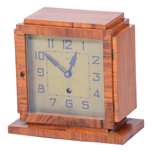 Art Deco Table Clock in Walnut, Brass, and Glass, Czech, 1920s For Sale