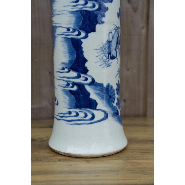 Chinese Blue and White Porcelain Sleeve Vase with Warriors and Military Procession For Sale - Image 14 of 18
