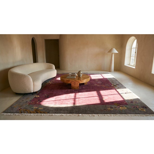 1920s Purple Floral Minimalist Antique Chinese Art Deco Rug 9' X 11' 4" Knotted Wool Carpet For Sale - Image 13 of 13