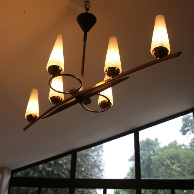 Art Deco Opaline and Brass Chandelier, 1950s For Sale - Image 11 of 18