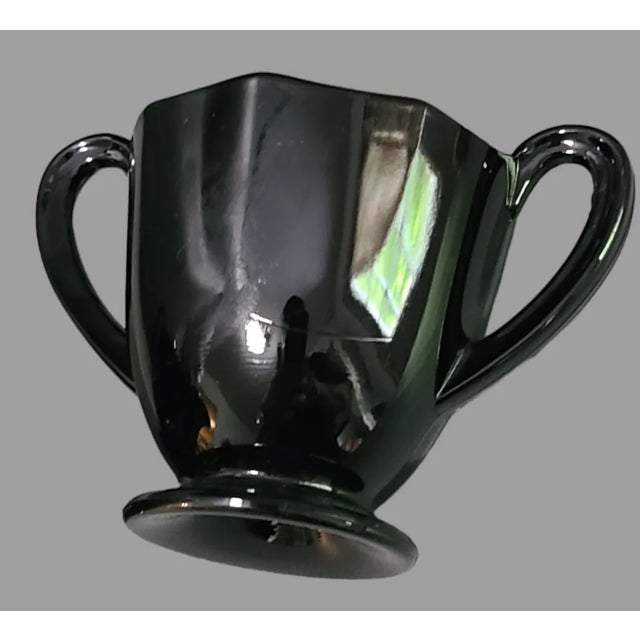 Art Deco Mid 20th Century Vintage Art-Deco Ebony Black Glass Creamer & Sugar Set For Sale - Image 3 of 5