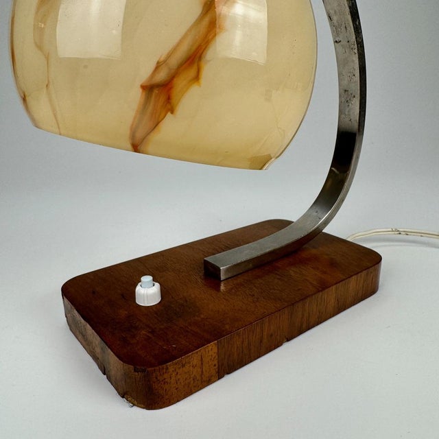 Metal Art Deco Wood and Marble Glass Table Lamp, 1940s For Sale - Image 7 of 8