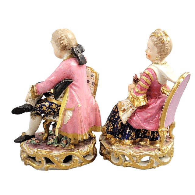 Hollywood Regency Porcelain Model 314 Reading Gentleman and Tatting Lady from Derby, Set of 2 For Sale - Image 3 of 18