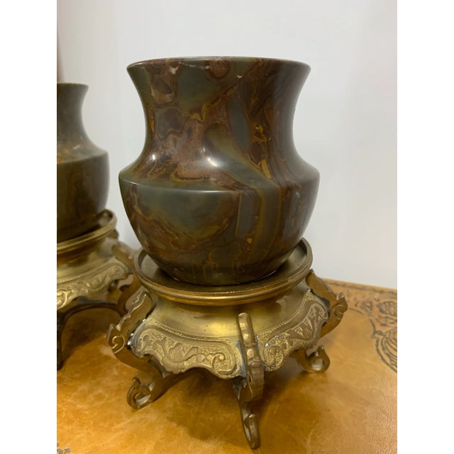 Traditional Pair of Vintage Small Marble Urns on Ornate Brass Stands For Sale - Image 3 of 5