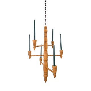 Brutalist Twisted Spool Candle Chandelier in Wood, 1960s For Sale
