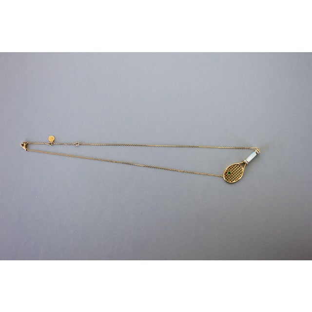 Tennis Racket White Mother of Pearl Handle Green Emerald Tennis Ball Jewelry 18 Karat Yellow Gold Necklace Pendant Charm *...