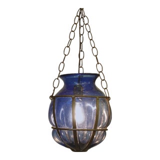 Cobalt Blue Hand Wrought Blown Rib Caged Murano Style Art Glass Sculpture Hanging Swag Lamp 1960s Italy For Sale