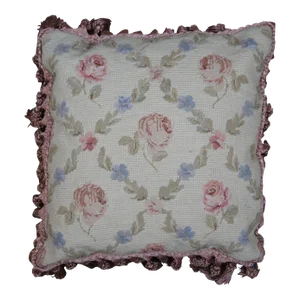 Mid 20th Century Down Filled Floral Crossed Roses Needlepoint Tassel Lumbar Throw Pillow