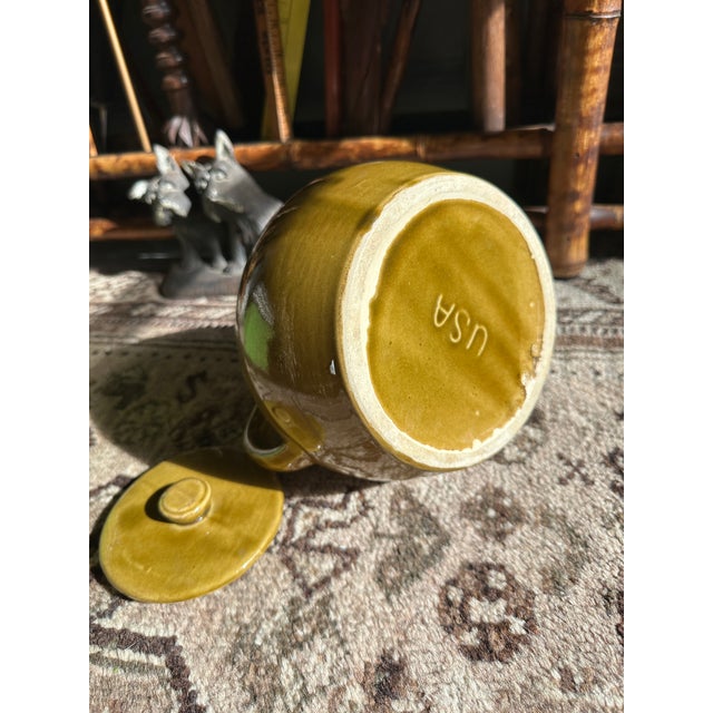 Vintage Mid-Century Usa Pottery Lidded Sugar Bowl | Drip Glaze Mustard & Moss Stoneware Lidded Vessel Jar For Sale In Houston - Image 6 of 6
