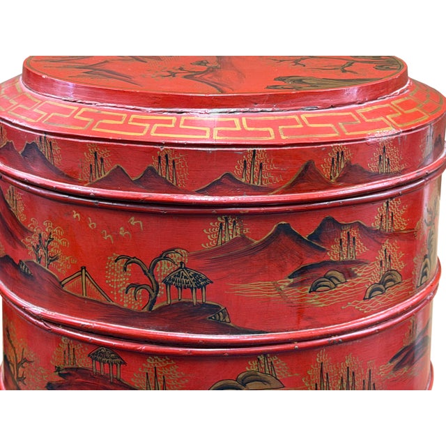 Wood Vintage Chinese Red Golden Scenery Graphic Round Wood Stack Basket Table For Sale - Image 7 of 12