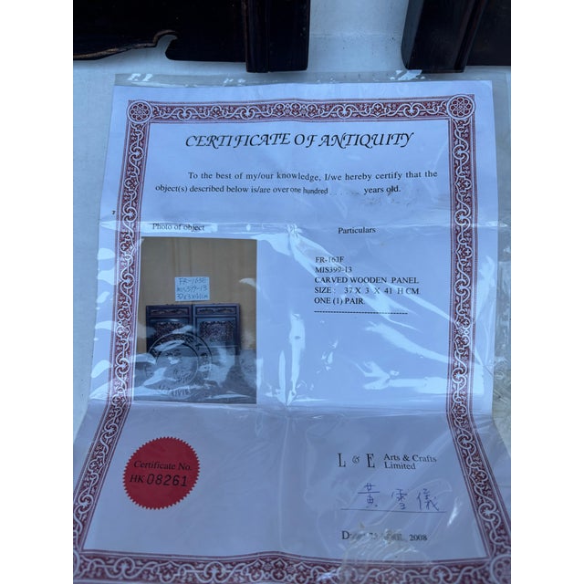 1875 Chinese Hand-Carved Wooden Wall Panels With Gold Accent and Certificate of Antiquity, Pair For Sale - Image 10 of 10