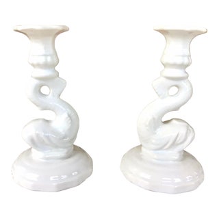Vintage Pair of Dolphin Fish Ceramic Candlestick Holders For Sale