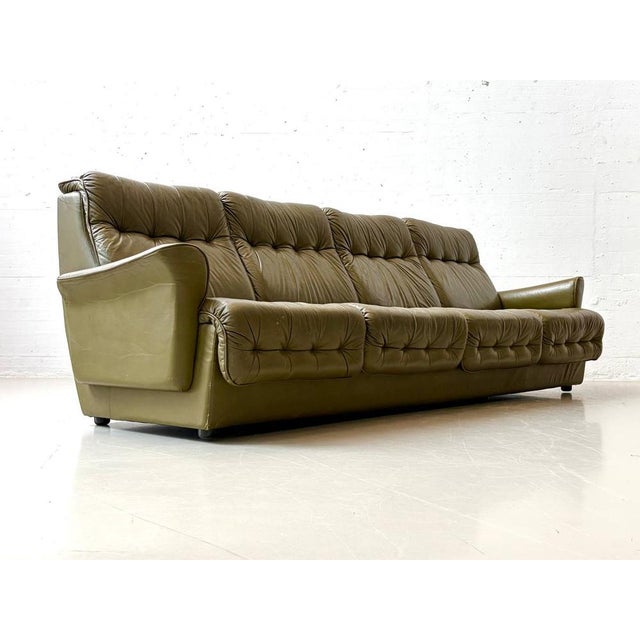 Olive Green Leather Sofa, 1970s For Sale - Image 7 of 16