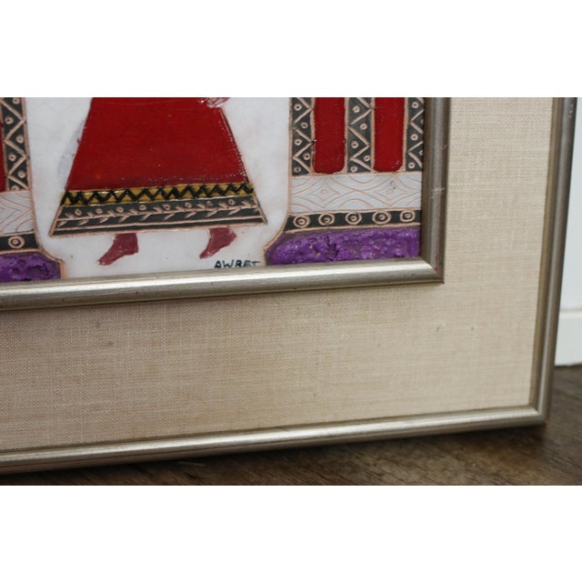 Awret Original Painted Ceramic Relief Tile Depicting Woman With Basket of Fruit, Signed and Framed For Sale - Image 9 of 17