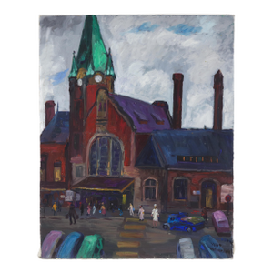 Vintage Cityscape Painting of European Clock Tower Scene by Nandor Vagh-Weinmann