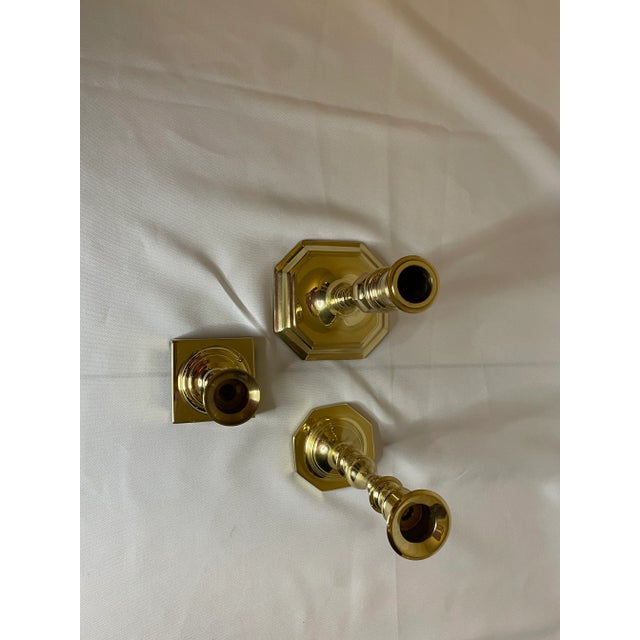 Mid-Century Modern Mid 20th Century Coordinating Vintage Brass Candleholders - Set of 3 For Sale - Image 3 of 12