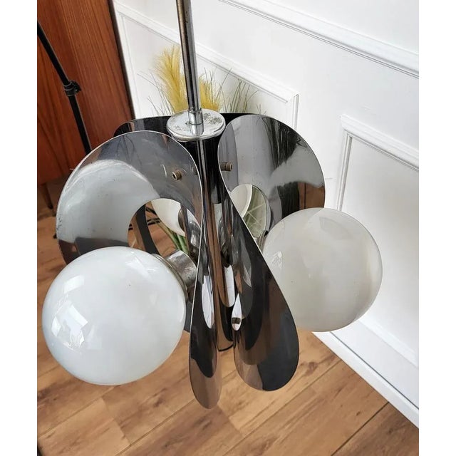 Wood Space Age Italian Metal Glass Balls Pendant Suspension Hanging Light, 1960s For Sale - Image 7 of 9