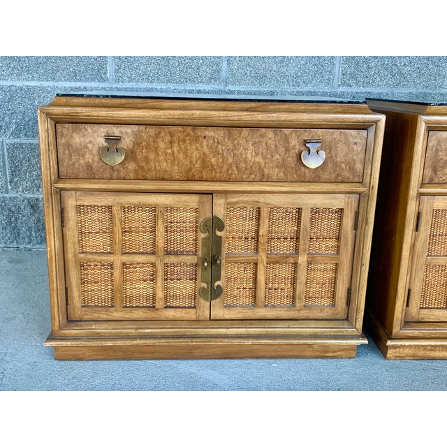 Vintage Thomasville Furniture Woven Front and Burl NightstandsA Pair
