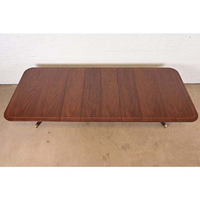 1980s Kindel Furniture Georgian Banded Mahogany Double Pedestal Extension Dining Table, Newly Refinished For Sale - Image 5 of 13