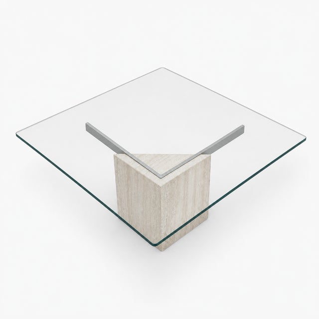 1980s Postmodern Glass Coffee Table With Travertine Base For Sale - Image 10 of 18