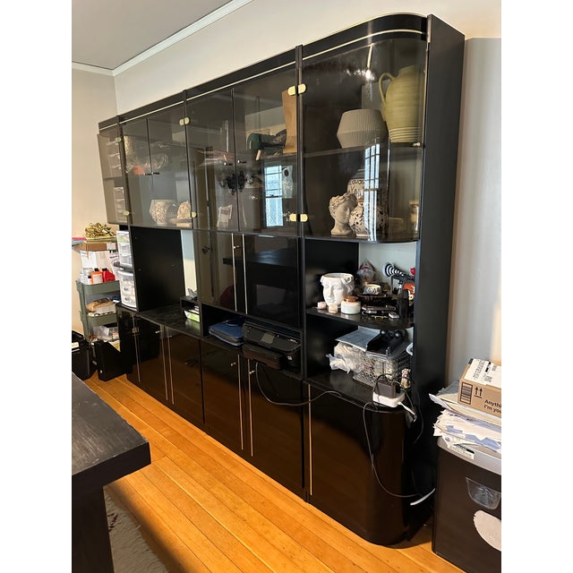 1980s Black Lacquered Post Modern Four Piece Wall Cabinet Curio Office Storage Unit With Display Lights For Sale - Image 10 of 12