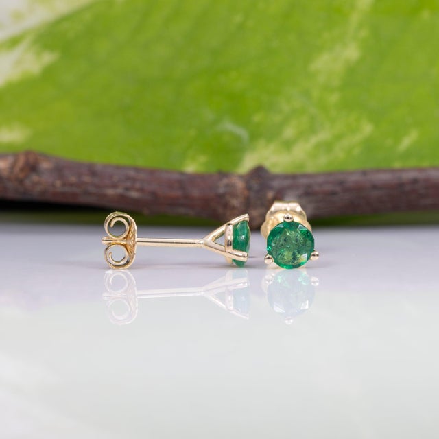 2020s Zambian Emerald Martini Solitaire Stud Earrings in Solid 14k Gold, Round 4mm, Pair For Sale - Image 5 of 7