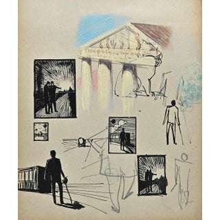 Norbert Meyre, The Men in Frames and Temple, Drawing, Mid 20th-Century For Sale